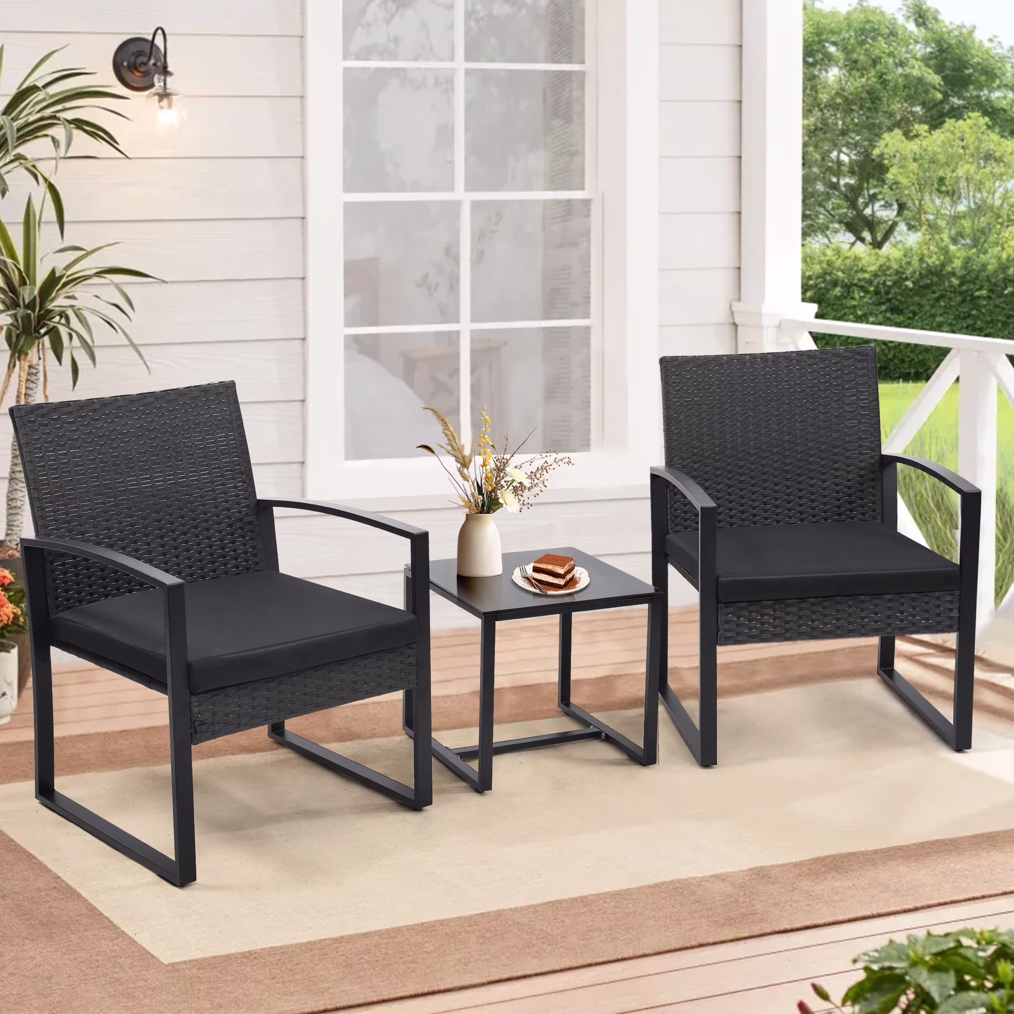 LOGYAT 3 Piece Wicker Patio Bistro Set, All-Weather Rattan Conversation Set with Glass Top Coffee Table (Black, 3 Piece) xcgT1