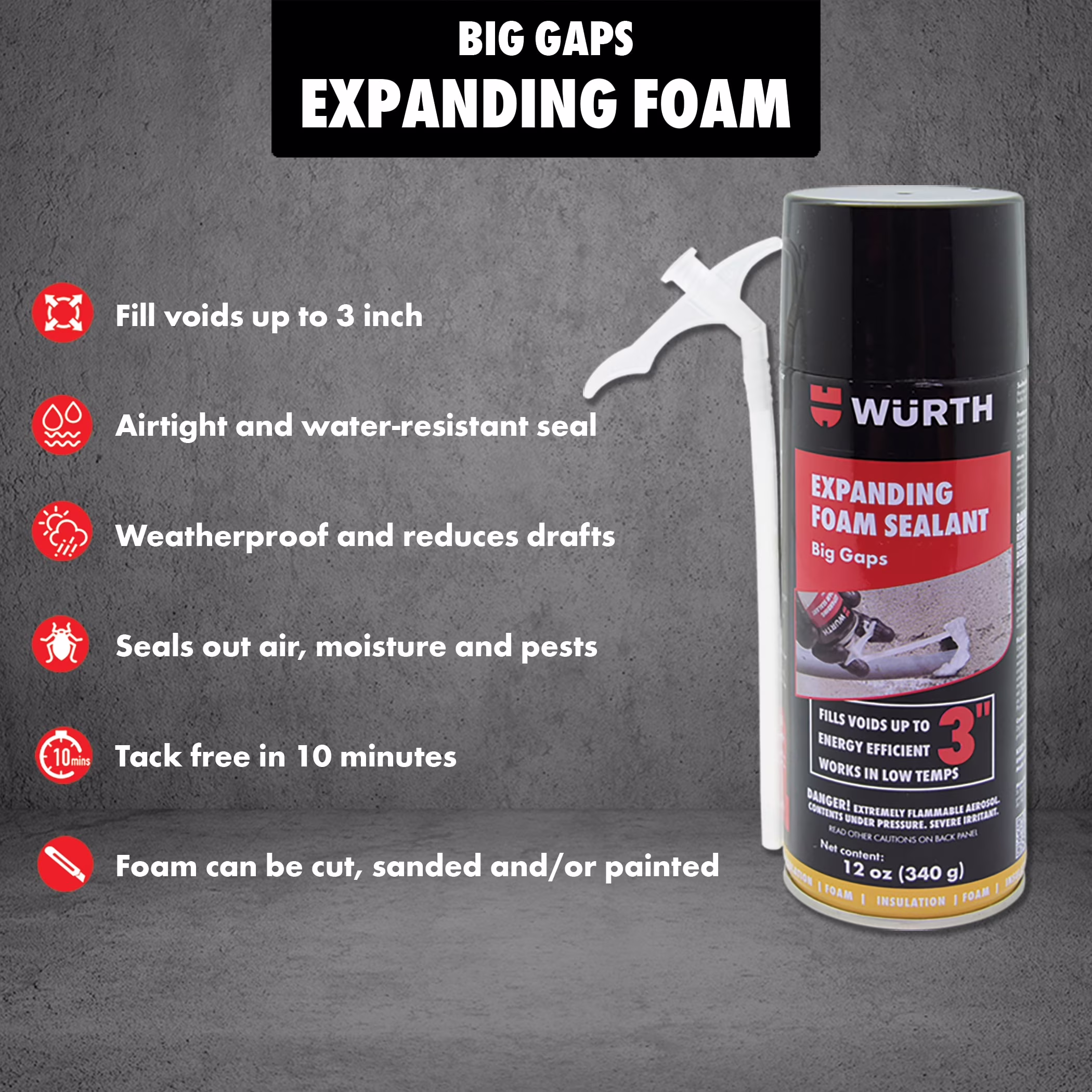 WΓΌrth Expanding Foam Sealant for Large Gaps and Cracks (White, 12 oz) LEOe4 - Image 5