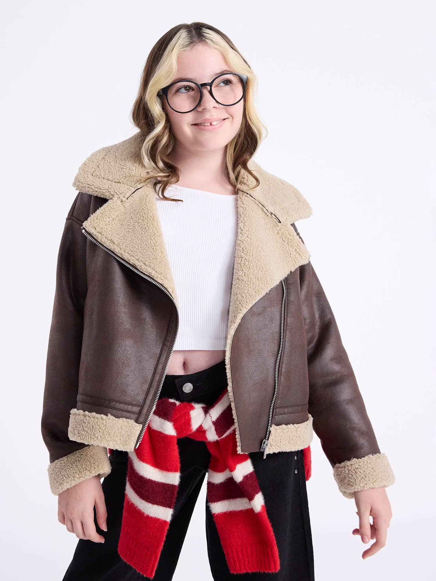 Weekend Academy Girls Faux Leather Biker Jacket with Faux Shearling Trim (Brown, L) ae2vQ