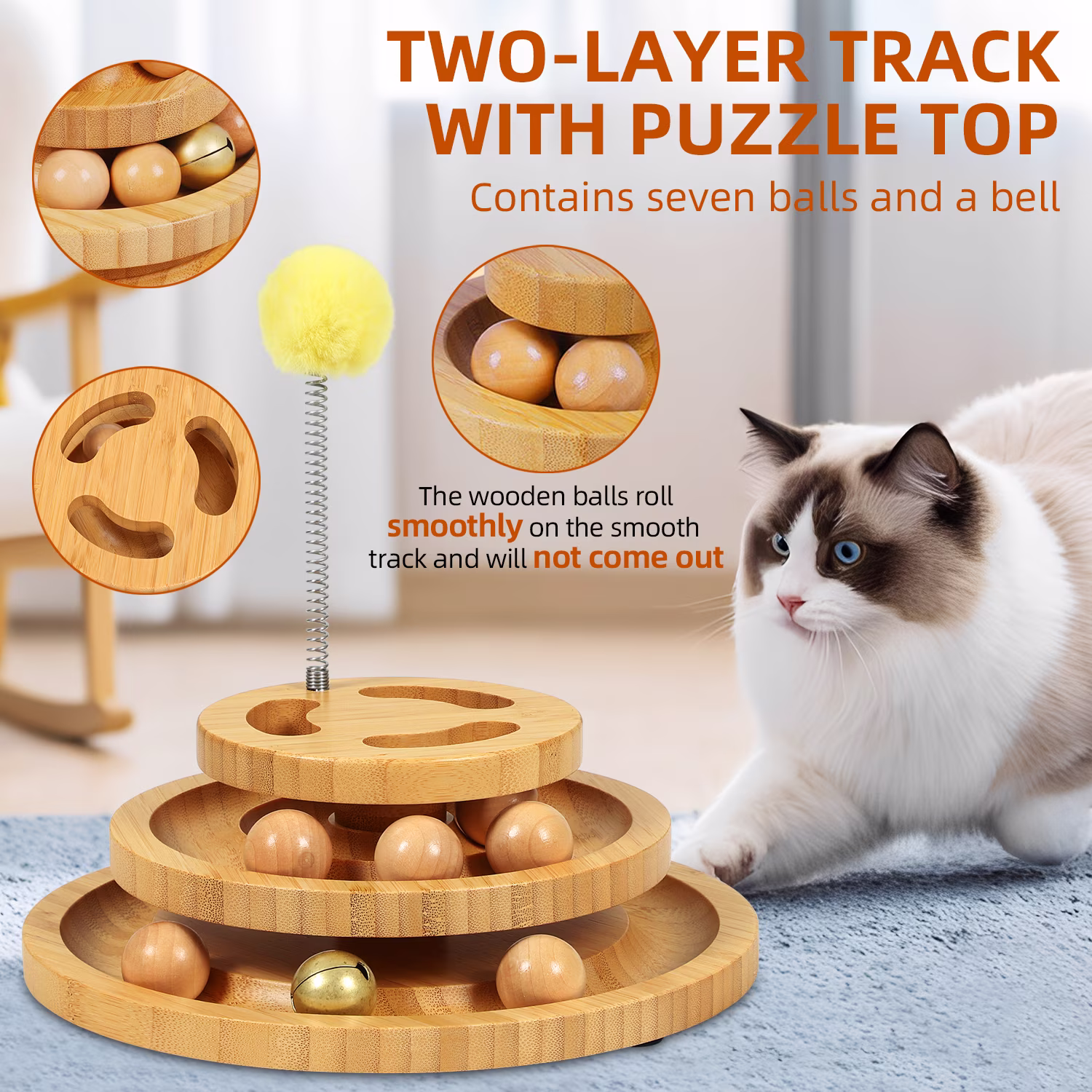DoogCat Interactive Cat Ball Track Toy 2-Level Roller Tower with 5 Balls and Teaser Wand (Brown, 10 in x 10 in x 4 in) YRb6g