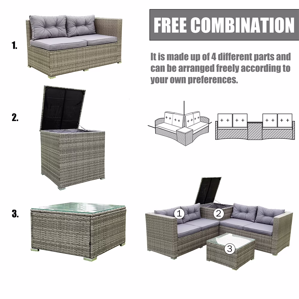 Segmart 4-Piece Outdoor Rattan Patio Sofa Set, All-Weather Wicker Sectional Furniture with Cushions, Glass Table, and Storage Box (Beige, 4-Piece Set) XhXKh