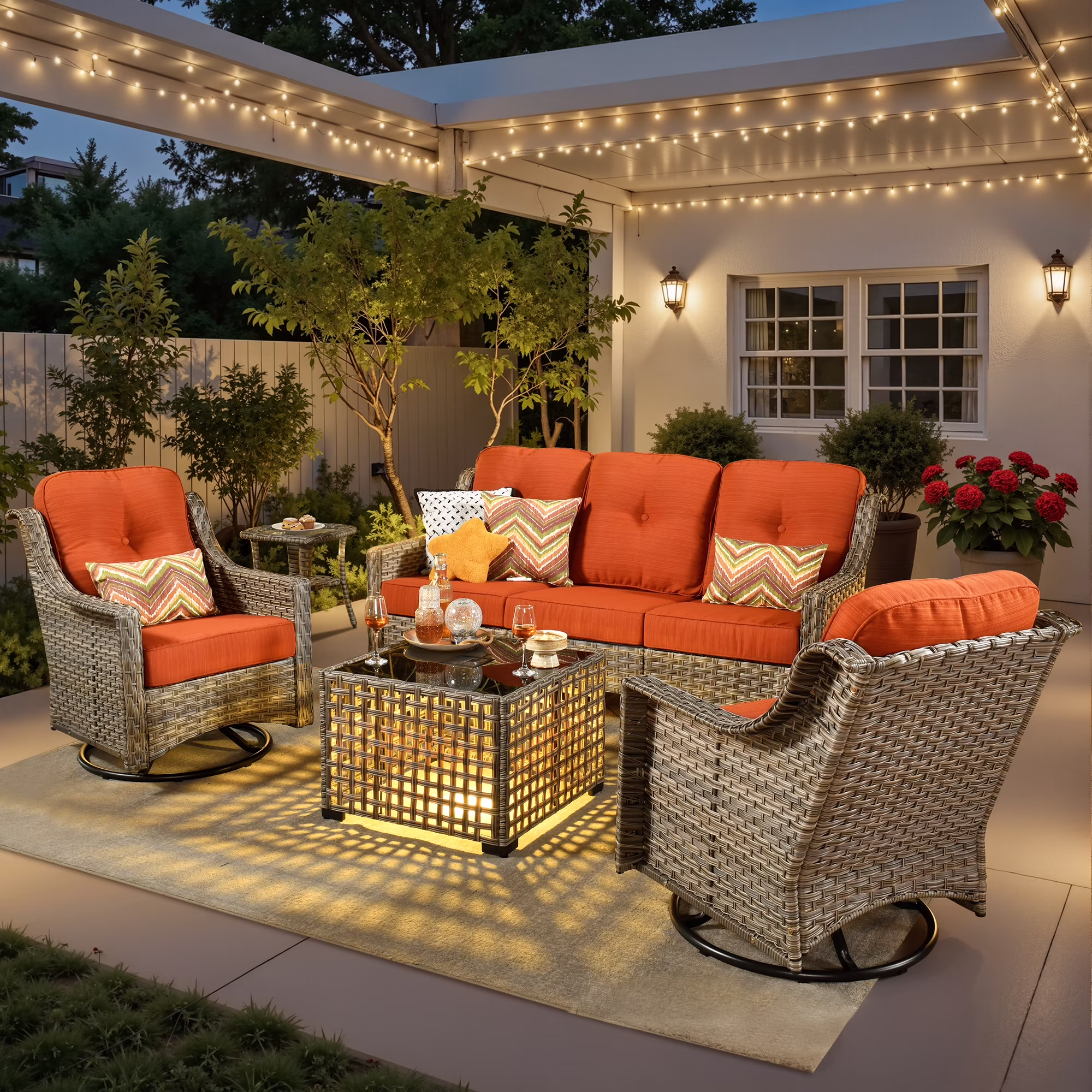 Ovios 5-Piece Outdoor Patio Furniture Set with Swivel Chairs and Solar Light Coffee Table (Orange Red, 5-Piece Set) dUz1W - Image 2