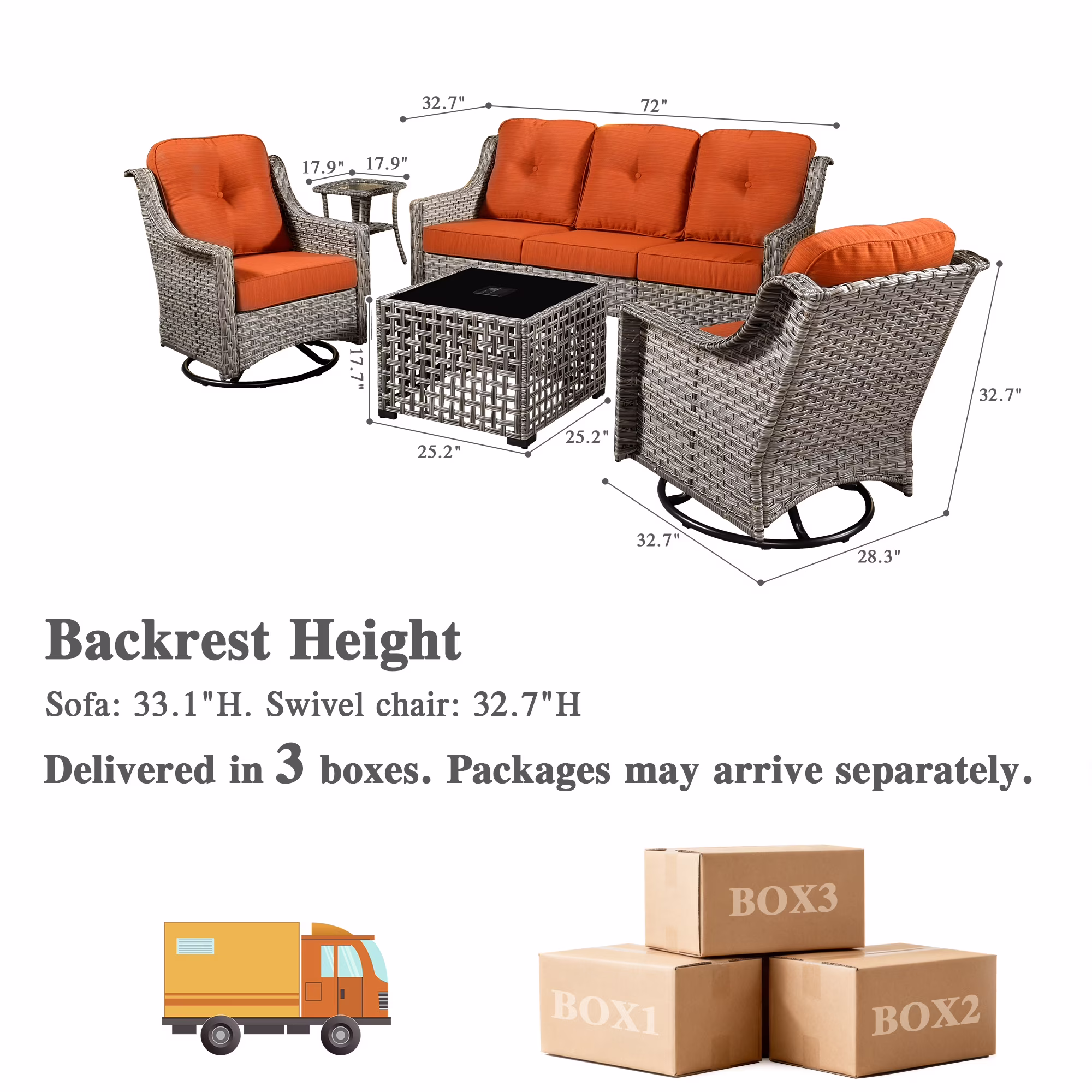 Ovios 5-Piece Outdoor Patio Furniture Set with Swivel Chairs and Solar Light Coffee Table (Orange Red, 5-Piece Set) dUz1W - Image 4