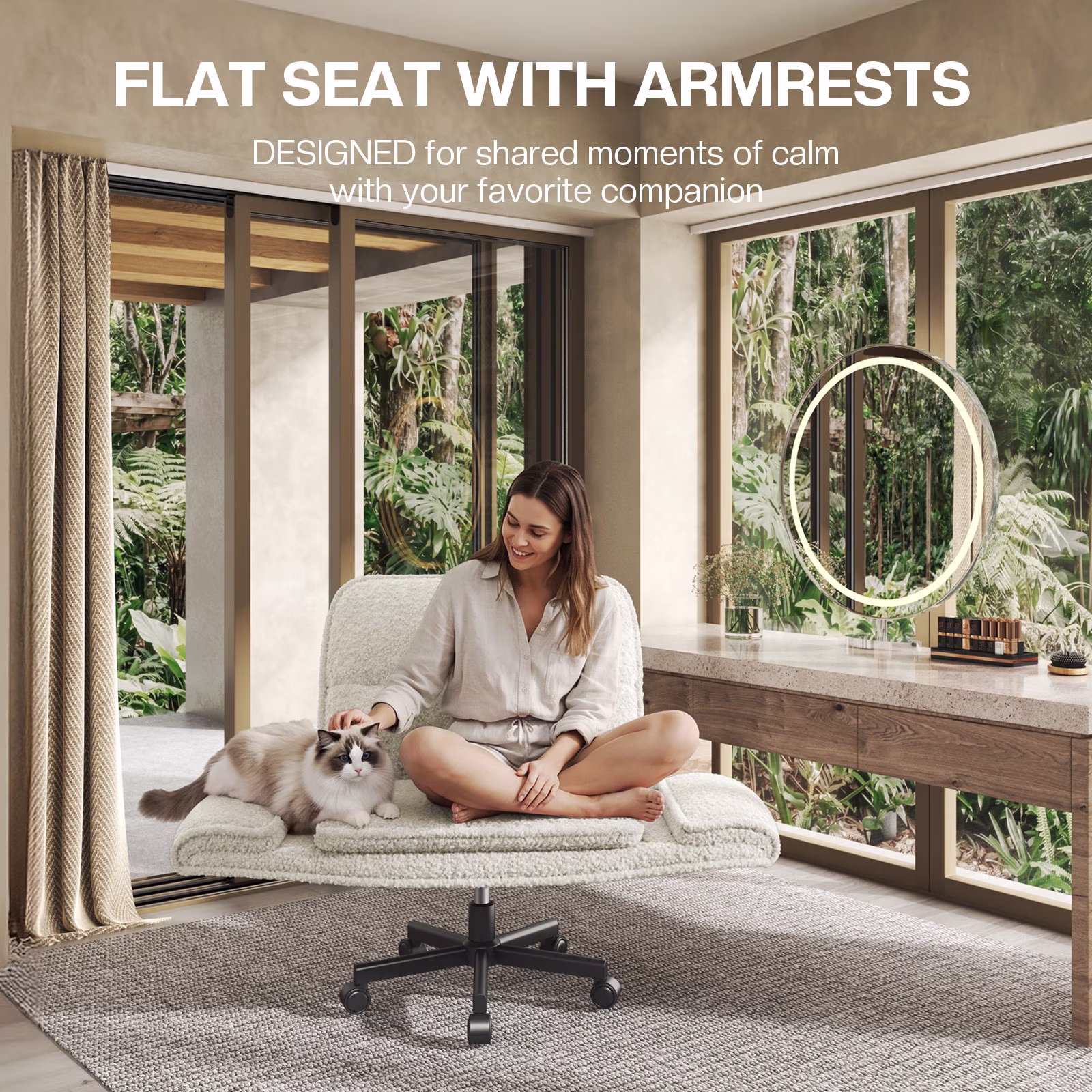 Patbrela Ergonomic Criss Cross Office Chair, Teddy Plush Wide Desk Chair with Adjustable Armrests (Beige, 18.2-22.5 in Height) KbaUB