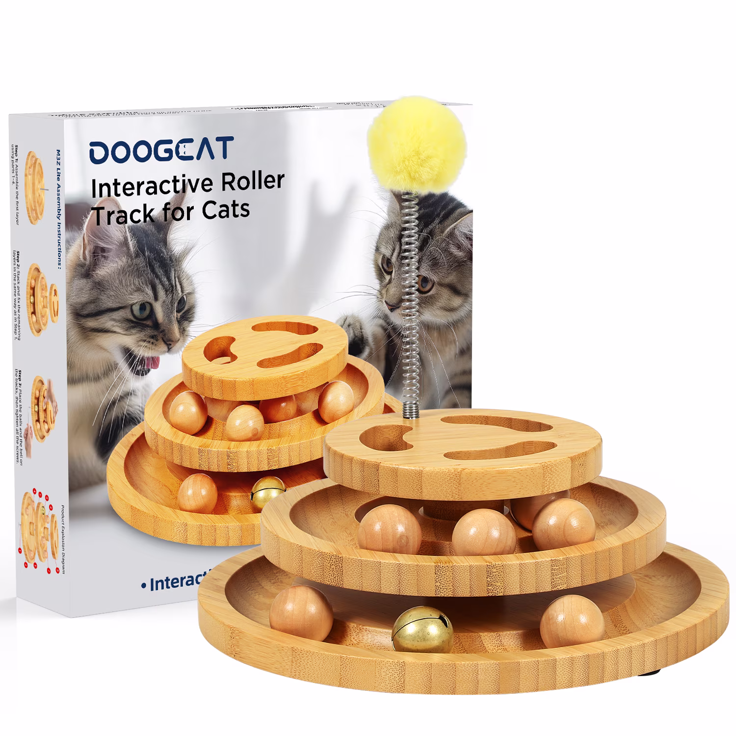 DoogCat Interactive Cat Ball Track Toy 2-Level Roller Tower with 5 Balls and Teaser Wand (Brown, 10 in x 10 in x 4 in) YRb6g