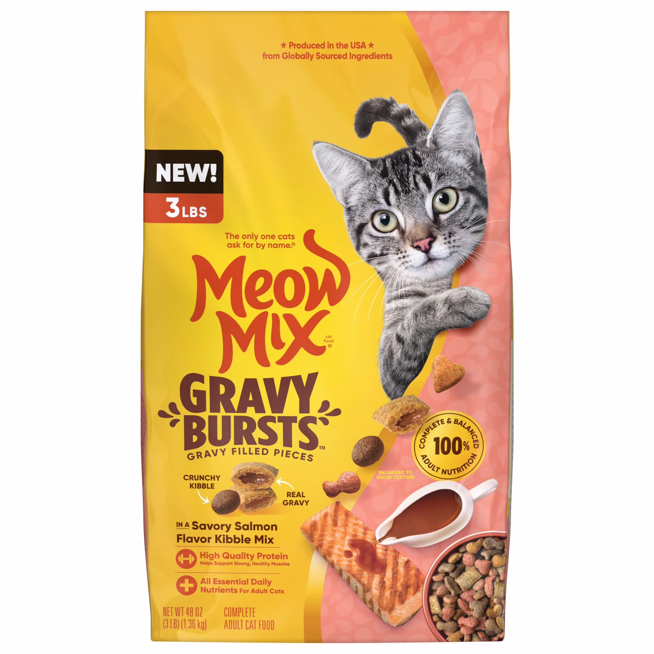 Meow Mix Gravy Bursts Savory Salmon Flavor Dry Cat Food (3 lb) 9FEZC - Image 2