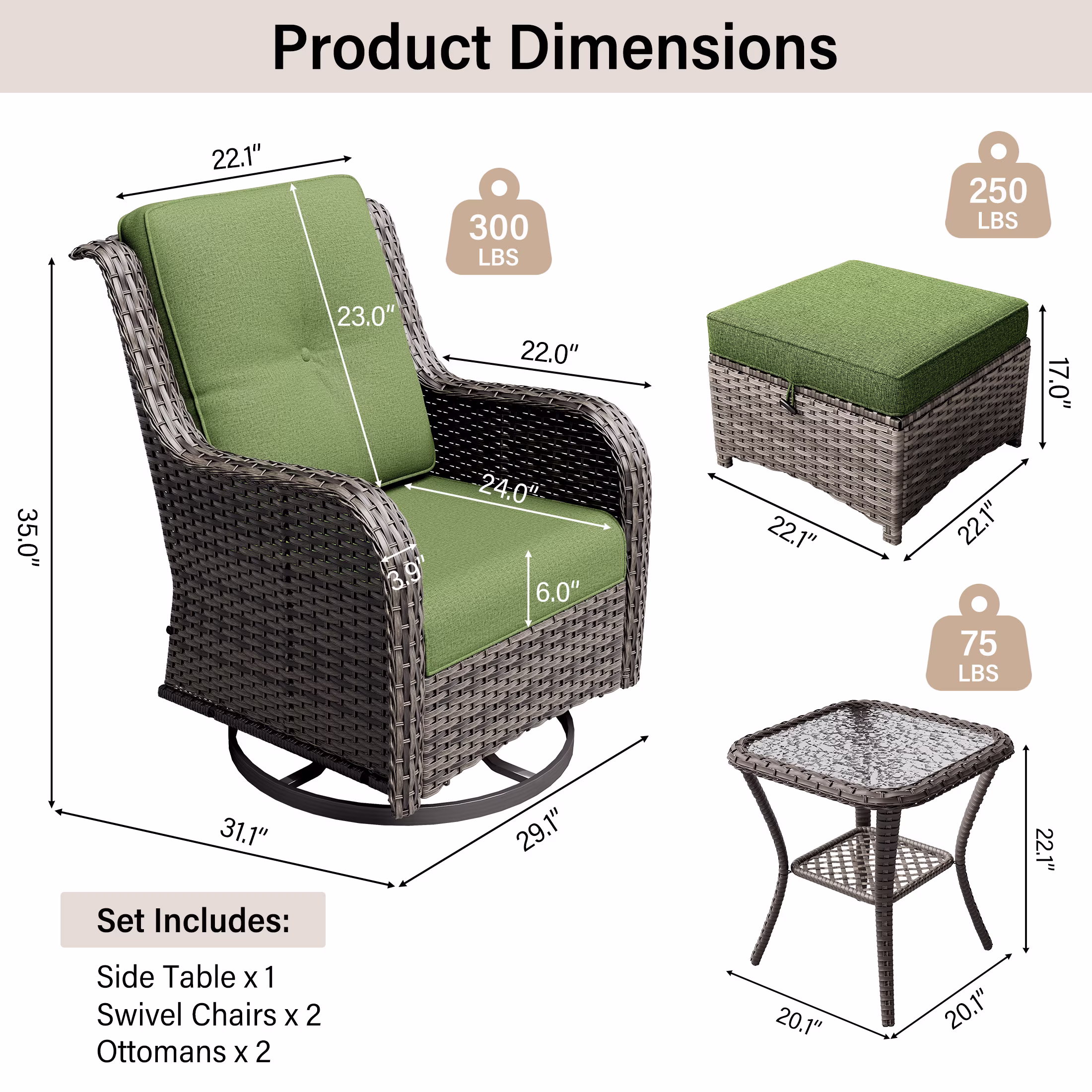 MeetLeisure 5-Piece Wicker Patio Furniture Set, Swivel Rocker Chairs with Ottomans and Side Table (Green) Zv77f - Image 3