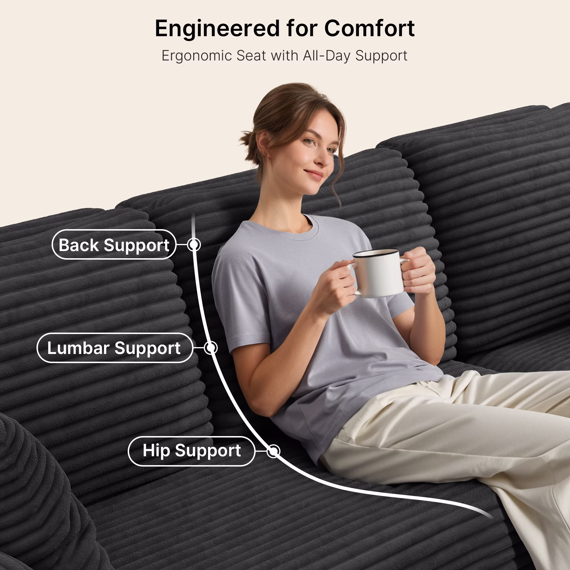 Lofka L-Shaped Sectional Sofa, Pet-Friendly Corduroy Fabric, Modular Living Room Furniture (Black, 105 in) 8Uae6 - Image 10