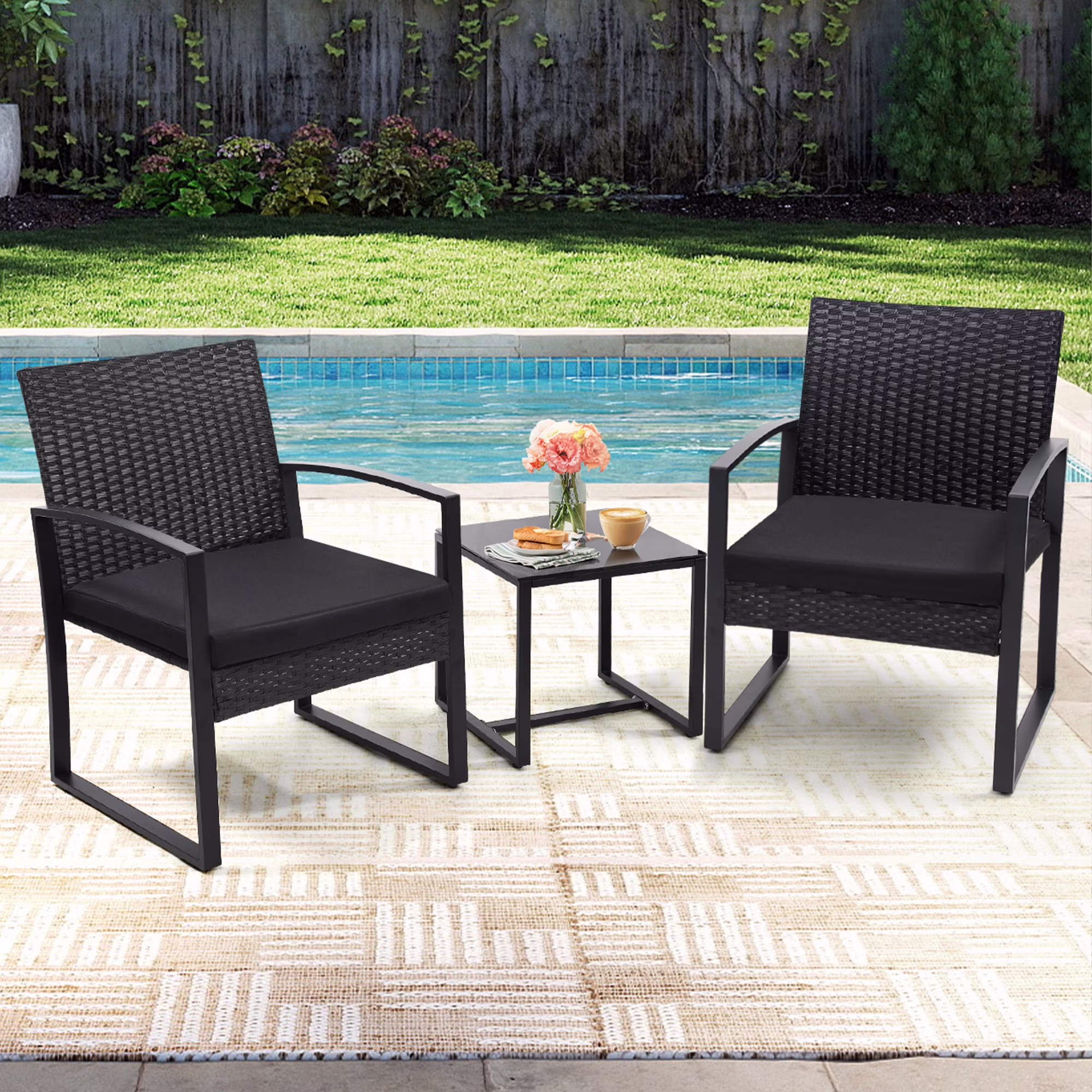 LOGYAT 3 Piece Wicker Patio Bistro Set, All-Weather Rattan Conversation Set with Glass Top Coffee Table (Black, 3 Piece) xcgT1
