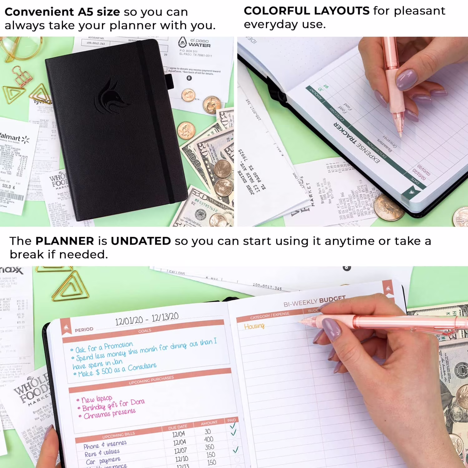 Clever Fox Bi-Weekly Budget Planner, Financial Organizer with Expense Tracker and Monthly Calendars (Black, 5.8 in x 8.3 in) 7mpap