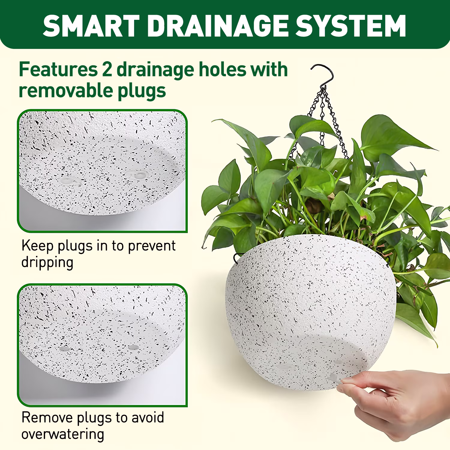 Xueyu Hanging Planters for Indoor Outdoor Plants, Durable Plastic Flower Pots with Drainage Holes and Chains (Speckled White, 2 Pack, 9 in) WhYNp