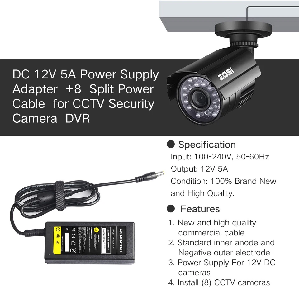Rhea Security Camera Power Supply Adapter with 8-Way Splitter Cable for CCTV DVR Systems (5A, 12V) Y0dDL - Image 3