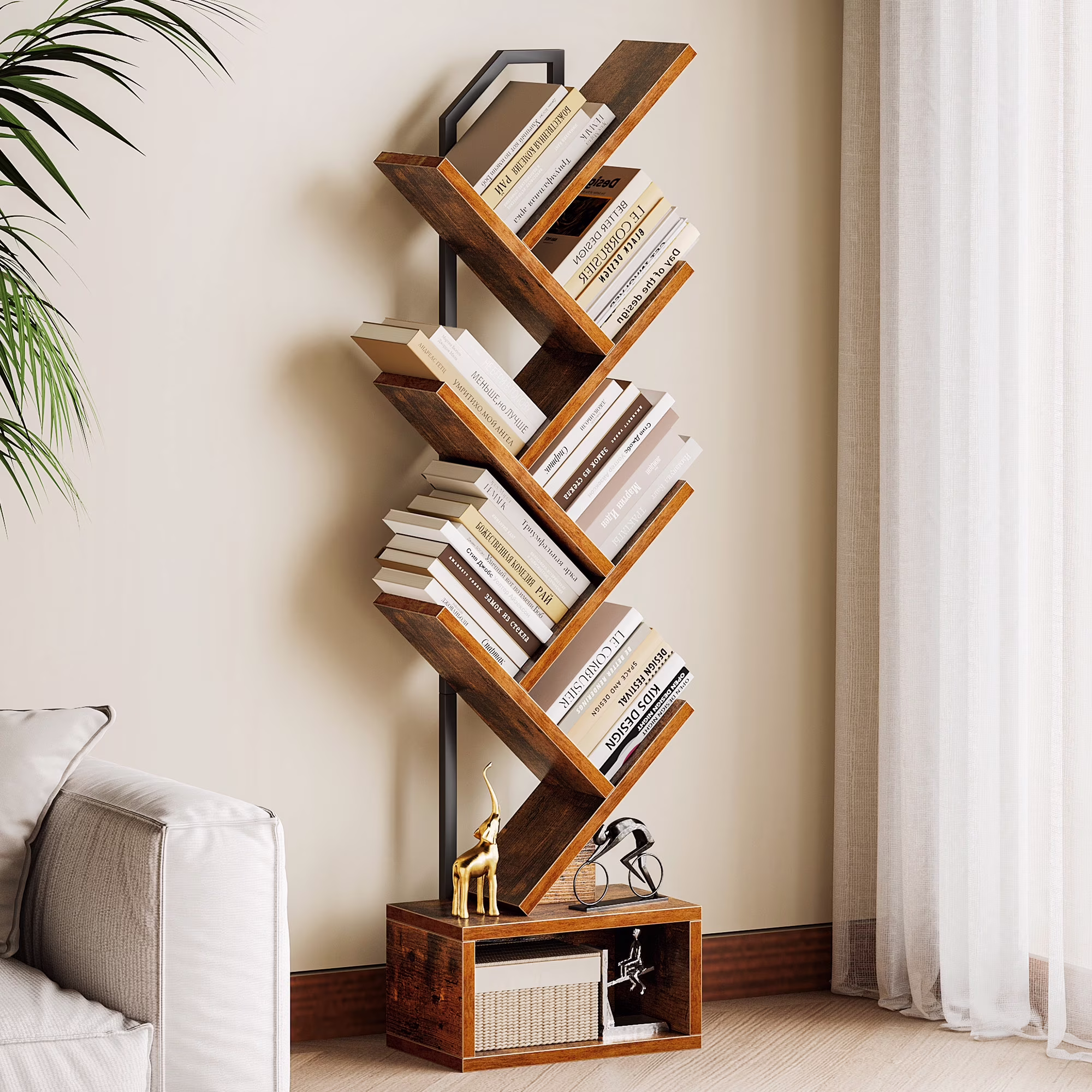 Casacomoda 6-Tier Tree Bookshelf, Narrow Wood and Steel Floor Standing Book Organizer with Storage Cabinet (Brown, 6-Tier) Uzn1E - Image 4