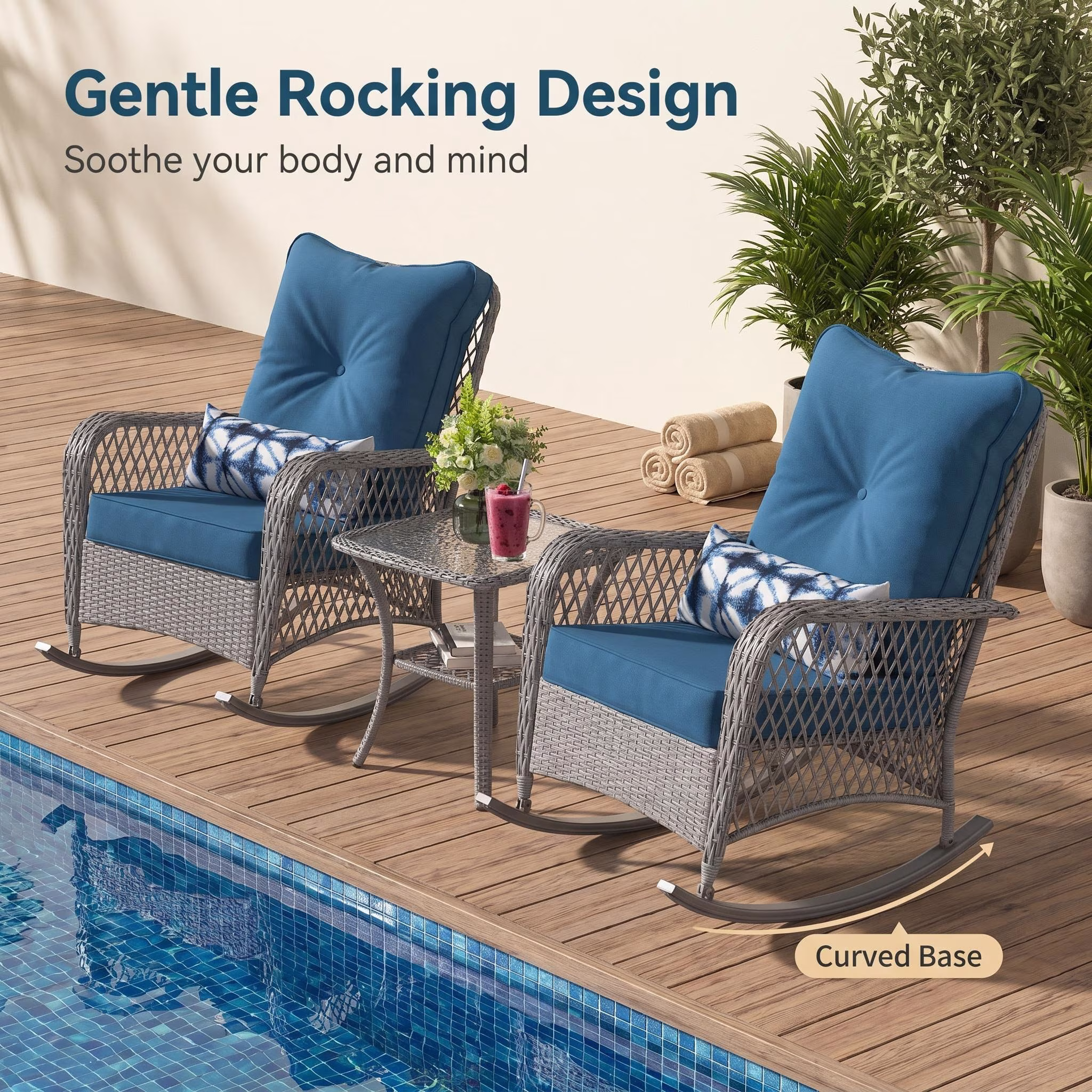 UDPATIO 3-Piece Outdoor Rattan Rocking Bistro Set with Side Table and 4 in Thick Cushions (Blue, 3-Piece Set) VgXYE