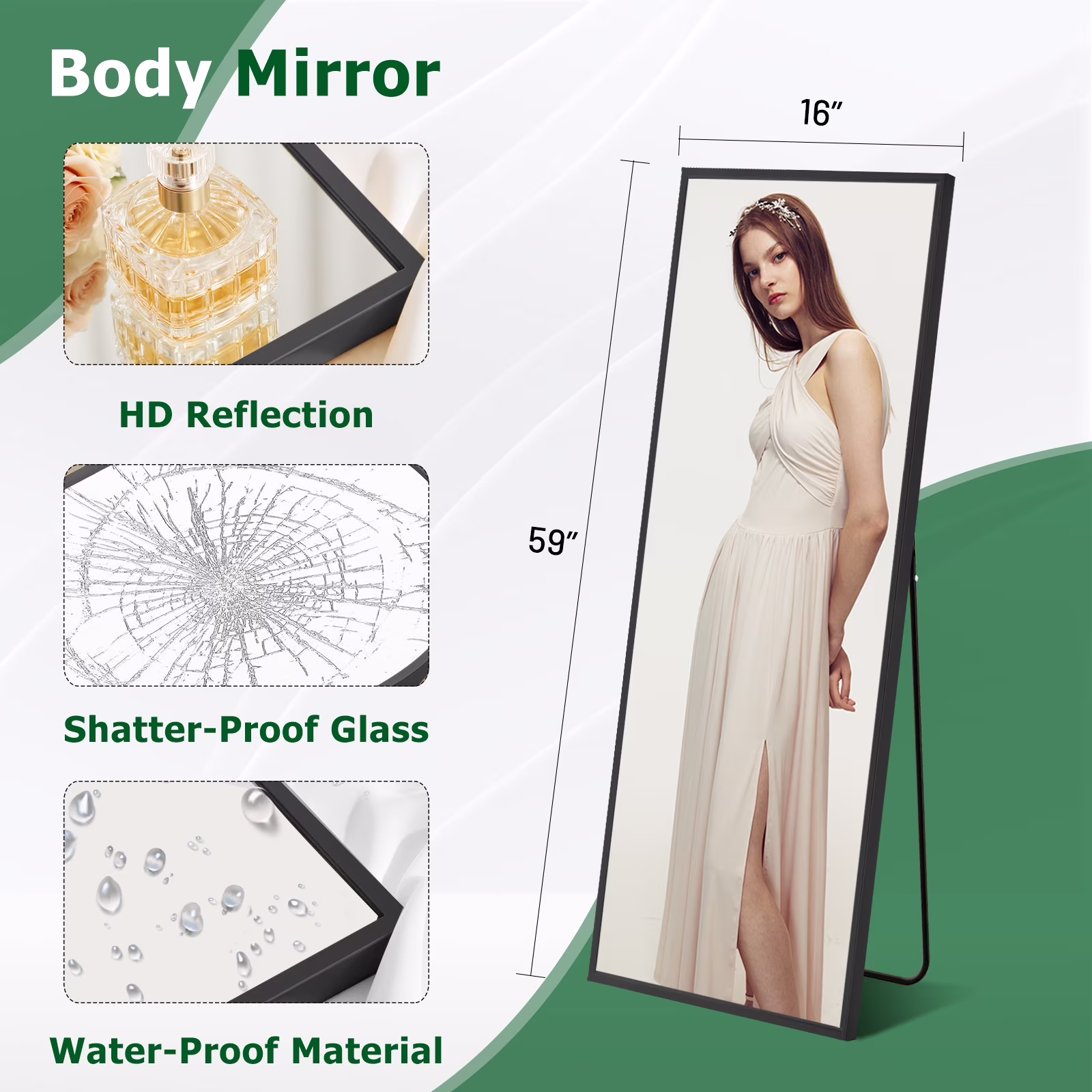 Blorly Full Length Floor Mirror, Rectangular Standing or Wall-Mounted Dressing Mirror (Black, 59 in x 16 in) ynDQ2